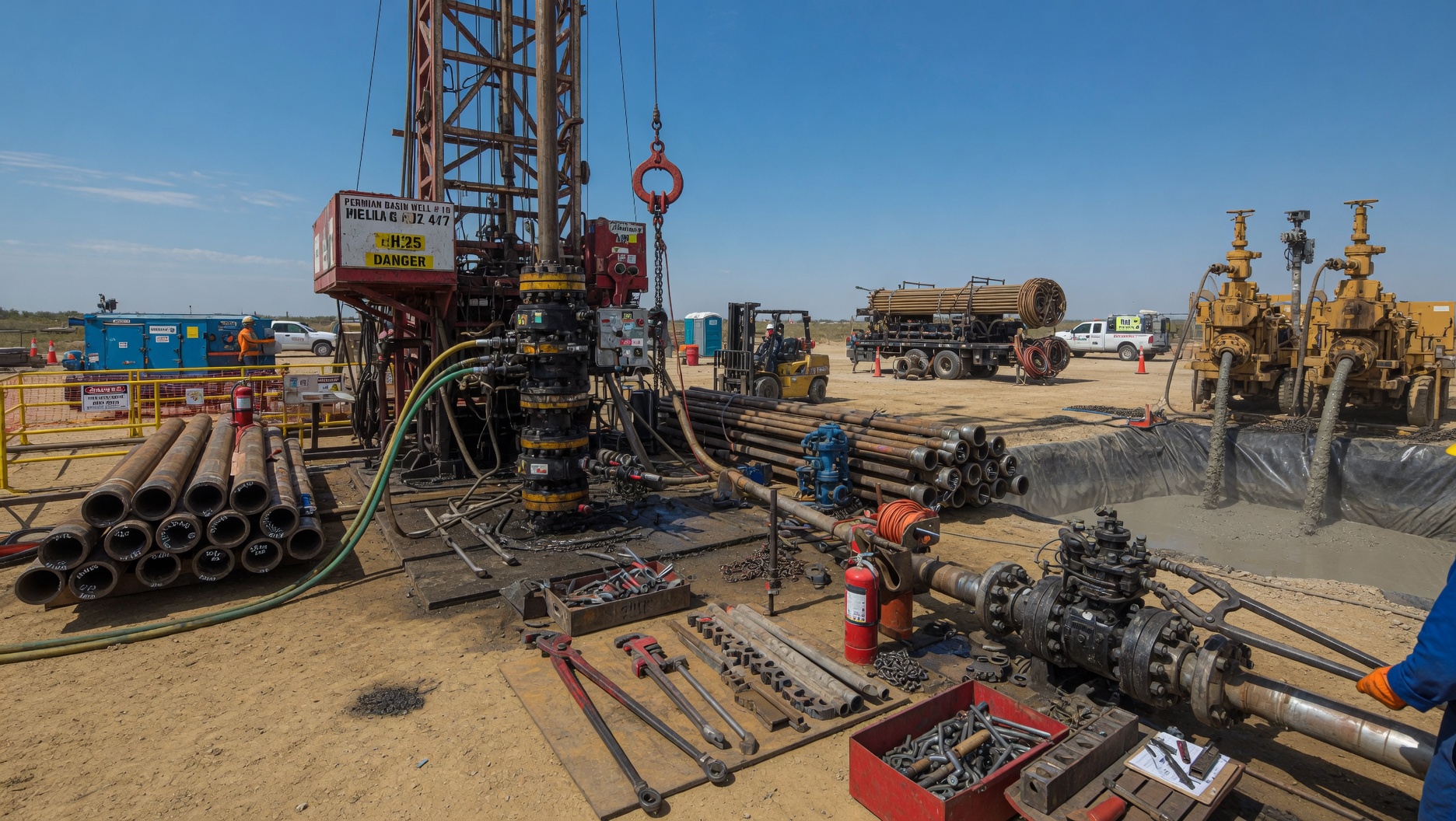 Oilfield service site with drilling equipment, pipes, tools, and support vehicles
